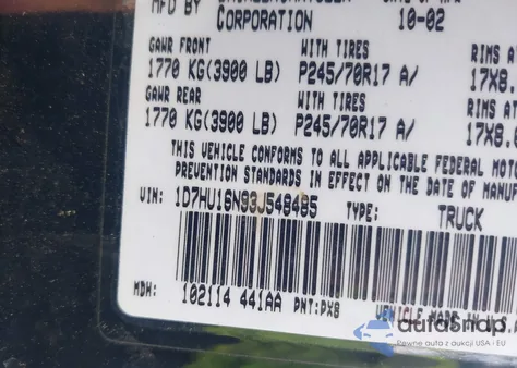 2003 Dodge Ram 1500 Slt/Laramie/St из США, поврежденный, VIN 1D7HU16N93J548485